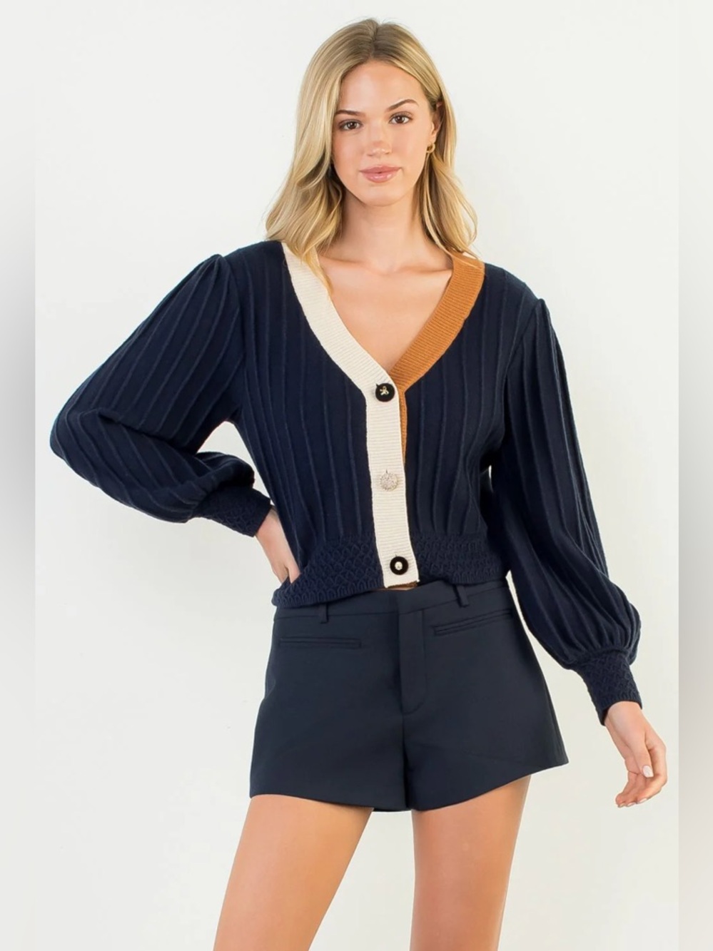 THML Navy Cardigan with Cream & Camel Trim